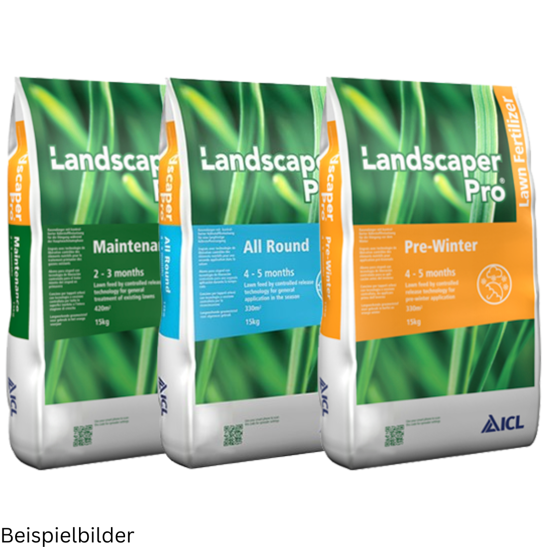 Rasenpflege Plus Paket mit drei hochwertigen Düngerprodukten von Landscaper Pro: Maintenance (2–3 Monate), All Round (4–5 Monate) und Pre-Winter (4–5 Monate). Ideal für eine ganzjährige Rasenpflege mit optimal abgestimmten Nährstoffen für jeden Pflegebedarf